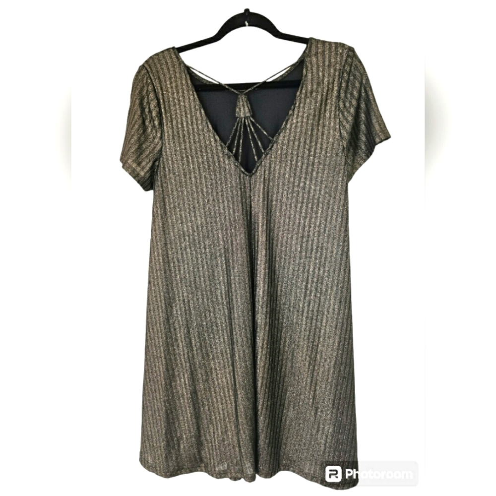 She + Sky Bronze Metallic Gold Brown Ribbed Swing Strappy Back Dress Size Large - Picture 3 of 11